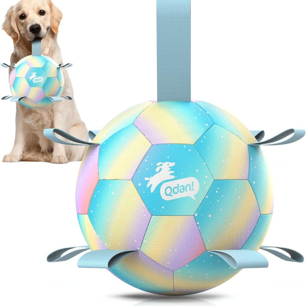 Interactive 8-Inch Gradient Blue Dog Soccer Ball with Straps for Large Breeds